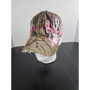 REALTREE Womens Distressed Hat Cap, Camo w/ Hot Pink Sequin Deer Skull Trophy